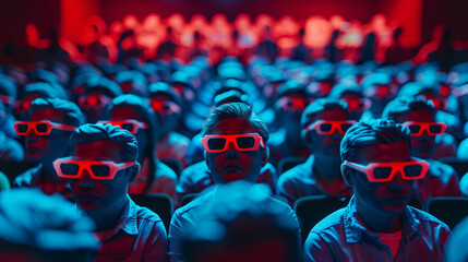 plastic model people sitting in a cinema wearing 3d glasses - retro 80s