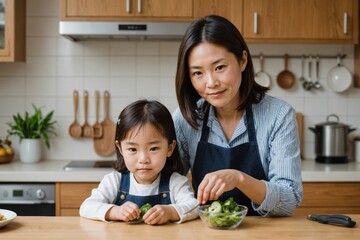 Portrait of Japanese mother and daughter in the kitchen