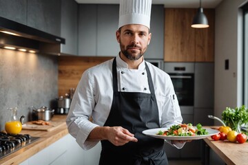 Thoughtful male chef holding food plate in modern kitchen