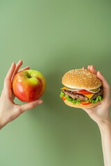 junk food in one hand healthy food in the other hand Generative AI