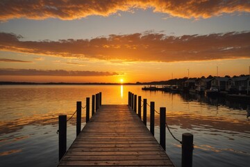 Golden orange sunrise above a dock