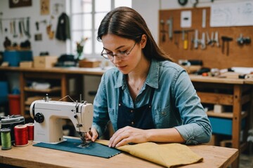 Woman using sewing machine in workshop