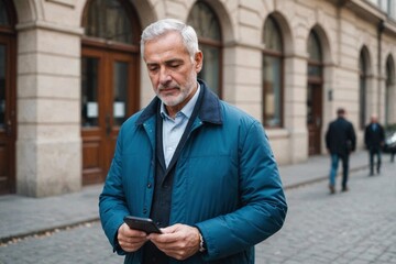 Senior businessman in blue jacket using smartphone