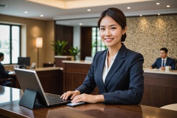 Asian hotel receptionist at front desk