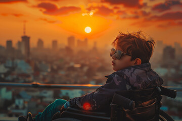 A boy in a wheelchair is sitting on a ledge overlooking a city at sunset