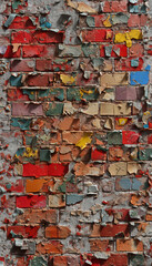 Multicolored Peeling Paint on Textured Brick Wall