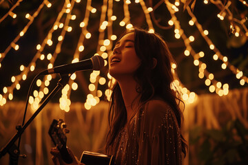 A dreamy photo of a woman singing under a canopy of fairy lights, creating a magical atmosphere - obrazy, fototapety, plakaty