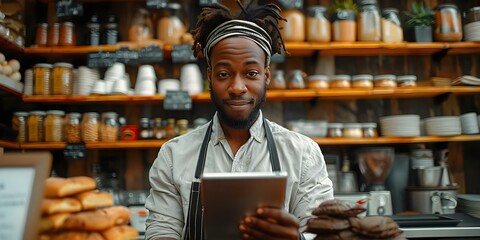African American barista at work in a coffee shop using tablet to showcase modern technology in retail. Concept Technology in Retail, Coffee Shop, Barista, African American - obrazy, fototapety, plakaty