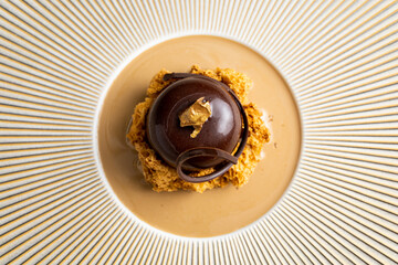 Zenithal photograph of a cherry-shaped chocolate dessert. Minimalist meals from high-quality restaurants. Gastronomic photography of frozen desserts. Brown colors predominate in the photo.