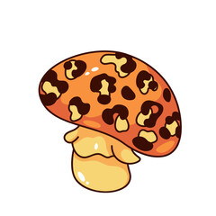 Groovy cartoon mushroom with leopard pattern. Funny retro fungi with stipe on stem, camouflage cap. Magic wild mushroom and hallucination mascot, cartoon sticker of 70s 80s style vector illustration