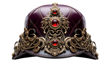 A regal red and gold helmet adorned with shimmering red jewels