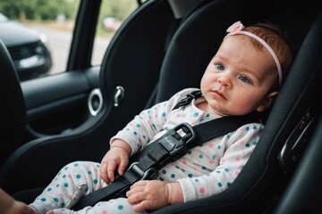 Newborn baby girl getting strapped into car seatt