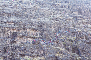 A hiking group negotiating the Barranco wall on route to the summit of Mount Kilimanjaro.