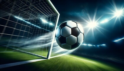 soccer ball soaring through the air towards the goal net