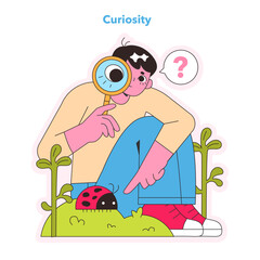 A youthful explorer delves into the wonders of nature, magnifying glass in hand, with curiosity sparkling in their eyes. Vector illustration.