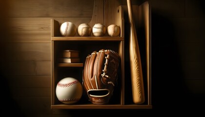 Baseball Glove, Ball, And Bat Arranged Neatly On A Wooden Shelf1