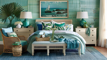 Coastal Serenity. A meticulously styled bedroom with a coastal theme, featuring a serene sailboat painting above the bed, turquoise accents, and cozy bedding.