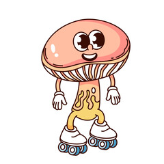 Groovy happy mushroom cartoon character roller skating. Funny retro toadstool skater with round pink cap and skates, mushroom fun ride mascot, cartoon sticker of 70s 80s style vector illustration