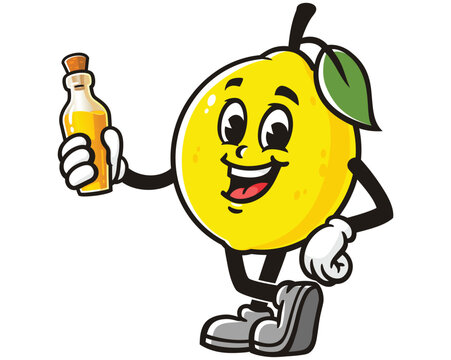 Lemon fruit with lemon essential oil cartoon mascot illustration character vector clip art hand drawn