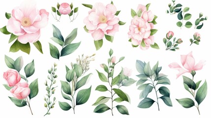 watercolor set of pink flowers, buds and green leaves on white background - obrazy, fototapety, plakaty