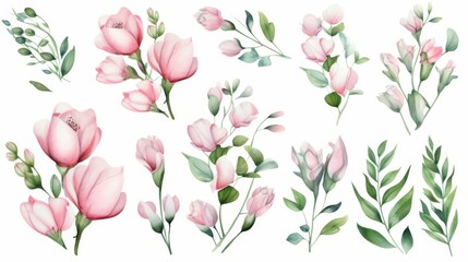 watercolor set of pink flowers, buds and green leaves on white background - obrazy, fototapety, plakaty