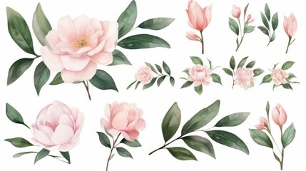 watercolor set of pink flowers, buds and green leaves on white background
