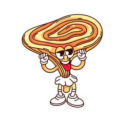 Groovy mushroom cartoon character with hypnotic spiral on cap. Funny retro crazy fungi with tongue sticking out and hands up, mascot, mushroom cartoon sticker of 70s 80s style vector illustration