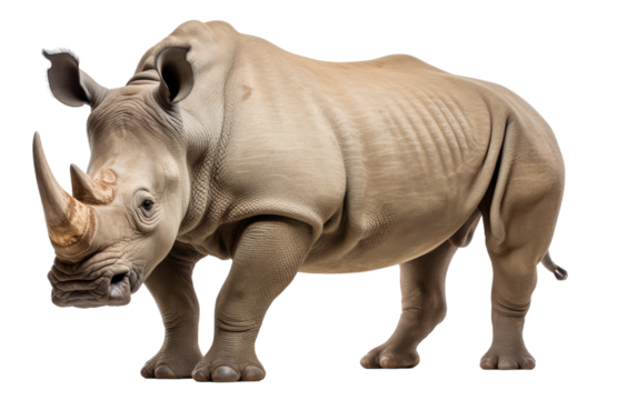 A majestic white rhinoceros stands proudly on a white background