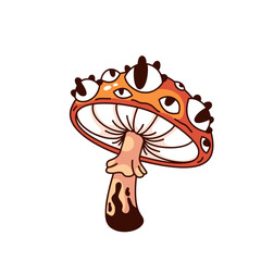 Groovy cartoon mushroom with psychedelic eyes on cap. Funny retro magic mushroom with trippy pattern, hippie trip and hallucination mascot, cartoon sticker of 70s 80s style vector illustration