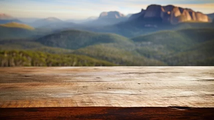 Foto auf gebürstetem Alu-Dibond Cradle Mountain The empty wooden brown table top with blur background of Cradle mountain in Tasmania. Exuberant image. generative AI