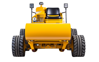A yellow bulldozer towering on a white background