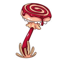Groovy cartoon mushroom with hypnotic spiral on cap. Funny retro poisonous toadstool with dripping and flowing poison, hypnosis mascot, cartoon mushroom sticker of 70s 80s style vector illustration
