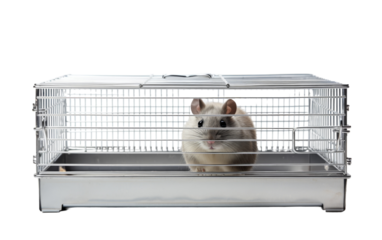 A curious hamster explores its cage in a sterile white environment