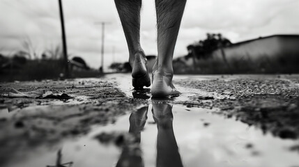 A closeup shot capturing the tension in the muscles of a barefoot stepping cautiously on a clean sidewalk next to a muddy puddle, portrayed in gritty black and white