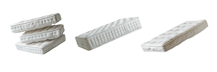 Set of stacked white mattresses isolated on a white or transparent background. Bundle of spring mattresses close-up, side view. Graphic design element on the theme of interior.