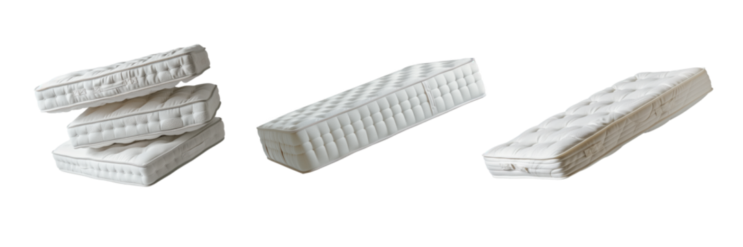 Set of stacked white mattresses isolated on a white or transparent background. Bundle of spring mattresses close-up, side view. Graphic design element on the theme of interior.