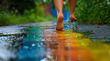 Closeup of barefoot walking on a clean sidewalk near a muddy puddle