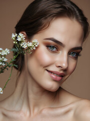 Fototapeta na wymiar Beautiful smiling woman with flowers, beauty portrait concept