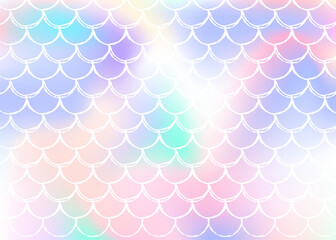 Mermaid scales background with holographic gradient. Bright color transitions. Fish tail banner and invitation. Underwater and sea pattern for girlie party. Fluorescent backdrop with mermaid scales.