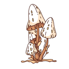 Groovy cartoon fairy mushroom family. Funny retro magic toxic pale grebe growing with leaves, wild forest poisonous mushroom mascot, cartoon toadstool sticker of 70s 80s style vector illustration