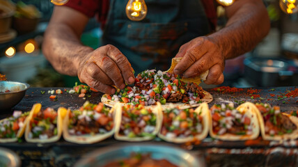 Hands preparing tacos at a food stand - obrazy, fototapety, plakaty