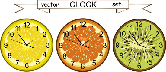 Clock dials made from fruits.Watch dials with colorful fruits in vector set.