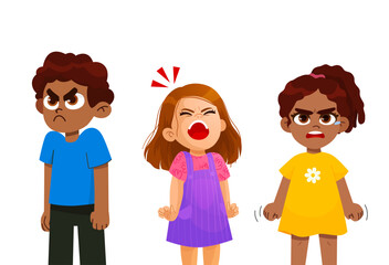 child emotions set. a very angry children, girls and boy standing in a pose. with a disgruntled look on her face. aggressive children vector character Illustration.