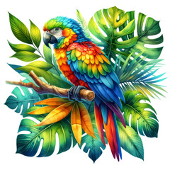 Vibrant Parrot Amidst Lush Green Leaves - A colorful parrot perched on a branch surrounded by rich tropical foliage brings nature's beauty to the forefront