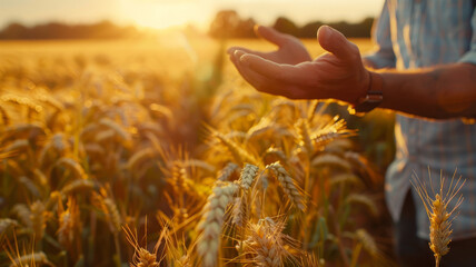 A farmer inspecting wheat in a field at sunset