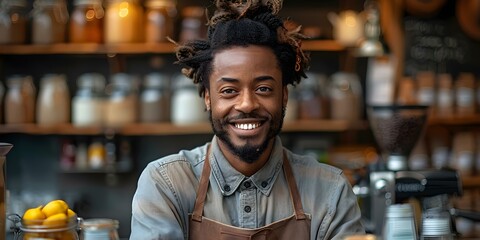 African American barista working in a coffee shop during a financial crisis exuding positivity and determination. Concept Resilience, Work Ethic, Positivity, Diversity, Perseverance - obrazy, fototapety, plakaty