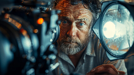 Mature man operating a film camera - obrazy, fototapety, plakaty