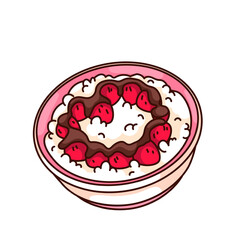 Groovy cartoon bowl with milk porridge, strawberry and chocolate sauce. Funny retro porridge with berry heart, morning food mascot, cartoon breakfast sticker of 70s 80s style vector illustration