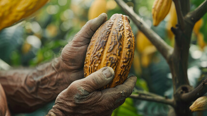 Hands holding a cacao pod on a farm.
