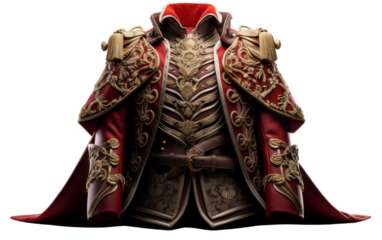 A suit of armor with a red cape stands tall, exuding power and elegance